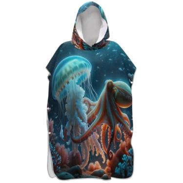 Imagem de Joisal Poncho de surfe trocador de roupão adulto praia banho com capuz toalhas plus size adulto ponchos para mulheres água-viva animais