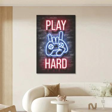 Imagem de 1 peça de arte de parede para jogos estilo neon jogar duro 20 x 30 cm 8 x 12 polegadas placa vertical para sala de jogos dormitório homem caverna, 30,5 x 45,7 cm