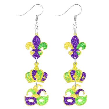 Imagem de Nanafast Brincos femininos de carnaval de acrílico para carnaval com glitter, flor de lis, máscara de coroa, Acrílico, Sem pedra preciosa