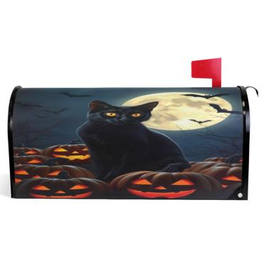 Imagem de TSENQUE Caixa de correio decorativa capas magnéticas outono caixa de correio vinil Halloween preto abóbora gato impermeável feriado caixa de correio decoração tamanho padrão 52,56 x 45,8 cm