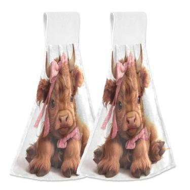 Imagem de Joitme Toalhas de mão penduradas fofas com estampa de vaca Highland com laço, pacote com 2 toalhas de gravata de lã coral macias absorventes para cozinha e banheiro