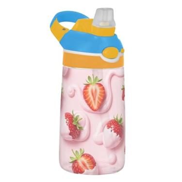 Imagem de Garrafa de água esportiva infantil rosa cremosa Vivid Strawberries para escola, 473 ml, garrafa de água Tritan de 473 ml com canudo, copo infantil à prova de vazamento, reutilizável, alça de