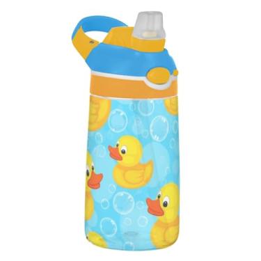 Imagem de Garrafa de água Tritan de 473 ml para crianças reutilizável garrafa de água esportiva de 473 ml com copo infantil portátil à prova de vazamento de palha, alça de transporte, lindos patinhos amarelos