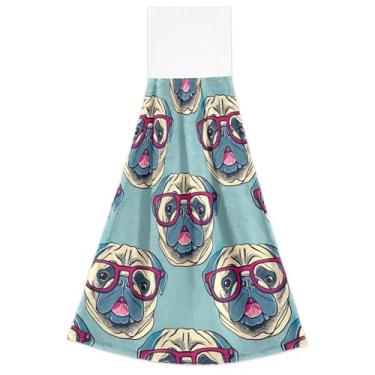 Imagem de Joitme Cute Pug Dogs Toalhas de mão verdes com laços para pendurar toalhas de gravata de banheiro ultra absorventes conjunto de 2, decoração de banheiro de cozinha fofa 18,2 x 14 polegadas
