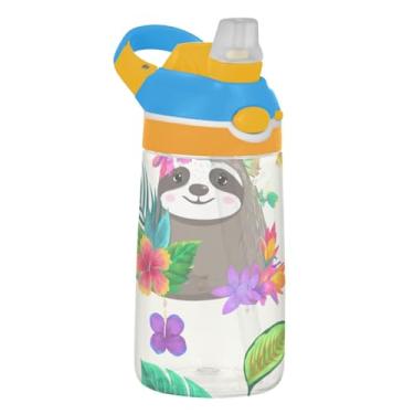 Imagem de Garrafa de água infantil Tritan de 473 ml com tampa de palha, garrafa de água esportiva portátil para escola, copo infantil reutilizável de 473 ml, alça de transporte, linda flor de preguiça colorida