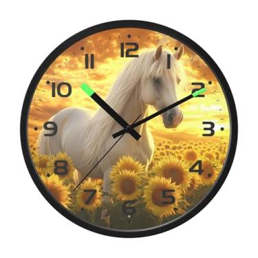 Imagem de SEHANY Relógio de parede artístico majestoso cavalos silencioso, sem tique-taque, relógio redondo operado por bateria, controle de som, luz noturna, relógios de parede para sala de estar, cozinha