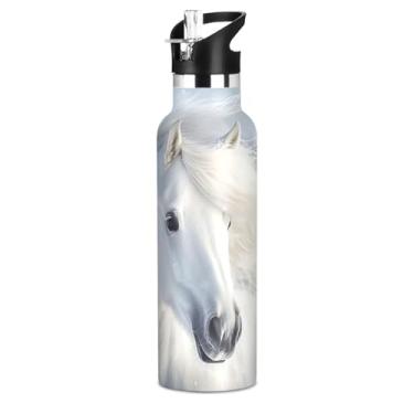 Imagem de Garrafas de água isoladas de 590 ml com tampa e alça de palha, garrafa de água para adolescentes sem BPA para escola, copos infantis de aço inoxidável à prova de vazamento, cavalo branco