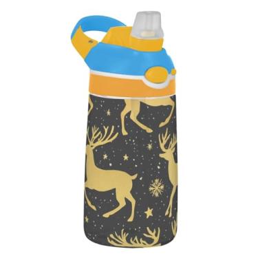 Imagem de Garrafa de água infantil Tritan de 473 ml, portátil, 473 ml, com copo infantil reutilizável à prova de vazamento, alça de transporte, rena dourada preta