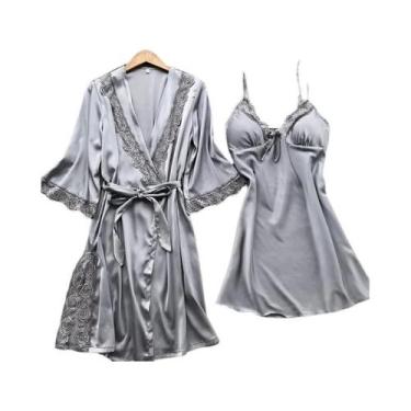 Imagem de Conjunto De Pijamas De Cetim Feminino Com Robe De Renda Em V, Roupa De