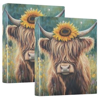 Imagem de Fichários Highland Cow Sunflower Art com 3 anéis de 3 cm comporta 200 folhas, pastas modernas para cadernos, fichário redondo, 31,5 x 27 x 6 cm, pacote com 2