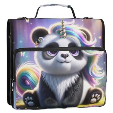 Imagem de Organizador de fichário com zíper fofo unicórnio panda 3,8 cm, 3 anéis, anel D, bolsa para fichários escolares com alça de ombro, portfólio e estojo para pasta de anel