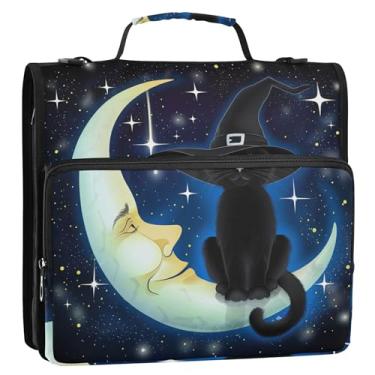 Imagem de Imprimir 3 fichários de anel D de 3 cm preto bruxa gato lua fichário organizador de armazenamento pasta de portfólio com alça e alça bolsa escolar