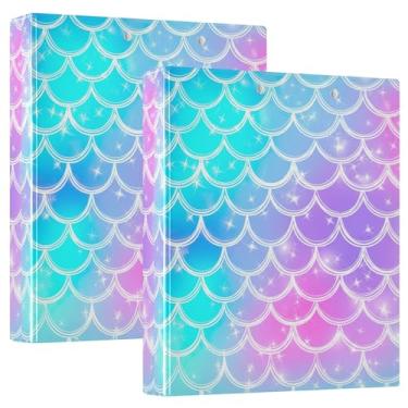 Imagem de 3 anéis personalizados azul-petróleo roxo rosa sereia fichários de 3,5 polegadas comporta 200 folhas, pastas de caderno, anel redondo fofo, fichário de apresentação, 31,5 x 27 x 6 cm, pacote com 2