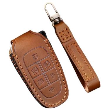 Imagem de Capa de couro artesanal para chave, Compatível com Hyundai santa fe/sonata/tucson, 6 botões, capa de chave de carro, suporte(6 Buttons Brown)