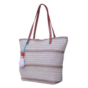 Imagem de Bolsa de Praia em Palha Trançada, Alça Dupla em Couro Sintético Marrom, Detalhe de Pompom, Bege (Marrom Claro)