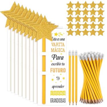 Imagem de Colarr 50 conjuntos de lápis Varitas Mágicas, presentes incluídos, 50 lápis, 50 adesivos de estrelas brilhantes e 50 cartões inspiradores, lembrancinhas de festa de boas-vindas de volta aos presentes