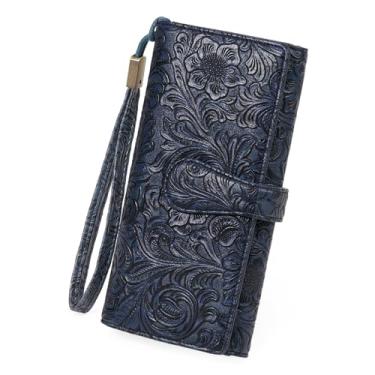 Imagem de BVEOGMRO Carteira feminina em volta da bolsa clutch para mulheres, três dobras, porta-cartões de crédito, bloqueio RFID, grande capacidade, Azul, Women