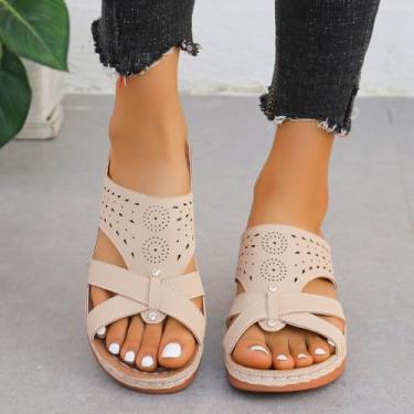 Imagem de Sandálias femininas tipo anabela, design perfurado de bico aberto, palmilha acolchoada confortável, detalhes de strass brilhante, sola antiderrapante leve, calçado de verão casual elegante para uso