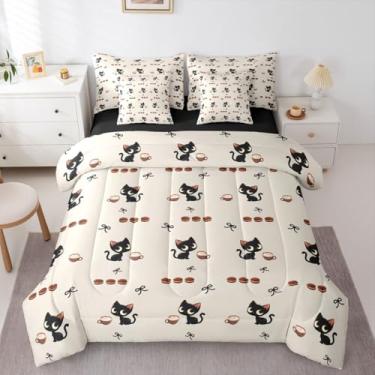 Imagem de Erosebridal Jogo de cama kawaii, tamanho solteiro, gatos pretos, para crianças, meninos, meninas, 7 peças, moderno, moderno, com laço de coquete, café, sobremesa, animal