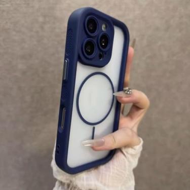 Imagem de Capa de celular transparente fosca de luxo para iPhone 16 15 14 13 12 Pro Max Plus com ímã e resistente a impactos (para iPhone 14 Pro Max/Azul)