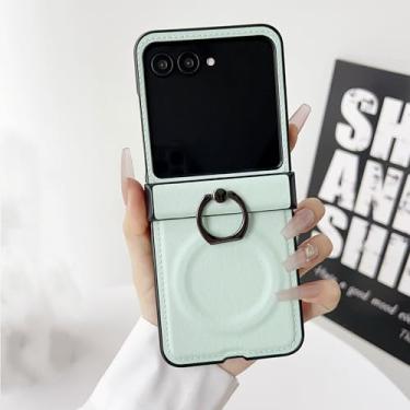 Imagem de Capa clássica de couro com suporte magnético em anel de metal para Samsung Z Flip 6 5 4 3 5G com fivela de dedo (para Galaxy Z Flip 3 5G/Verde)