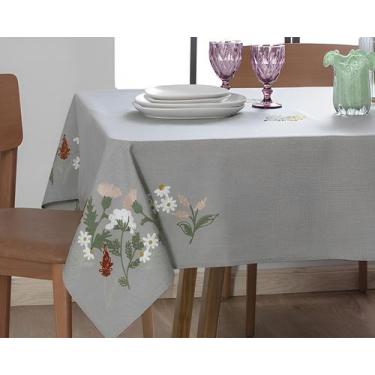 Imagem de Toalha de Mesa Bordada Em Linho Cinza Floral 150x220cm Retangular Mald