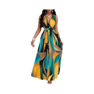 Imagem de Vestido maxi feminino com estampa tropical, decote em V, seção de cint