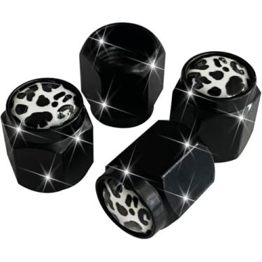 Imagem de Tampa de haste de válvula de pneu com estampa de vaca, 4 peças de tampa de válvula de ar preta metálica, tampas de haste de roda de carro de alumínio, capas de haste universais para carros, caminhões