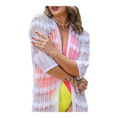 Imagem de Saída Praia Feminina 7/8 Curta Aberta Tricot Kimono - EUC STORE, Branc