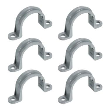 Imagem de HARFINGTON Tiras de tubo de PVC de 2,5 cm, 6 peças de braçadeiras de conduíte de plástico com furo duplo em forma de U com nervuras antiderrapantes para fixação de cabos de tubo de tubo (cinza)