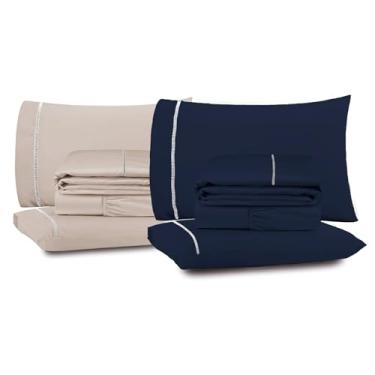 Imagem de Kit 2 Jogos de Lençol Queen Premium 4 Peças, Toque Macio, Ponto Palito, 400 Fios Casa Dona Azul e Bege