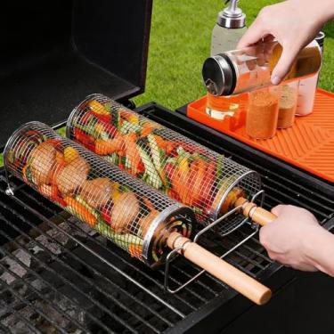 Imagem de Cesta de grelha de aço inoxidável - Cesta de churrasco de cilindro rotativo para grelhar ao ar livre, Kebab portátil e ferramenta de grelha de vegetais