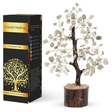 Imagem de NARIBABU Árvore de cristal de aventurina verde (18 a 20 cm, 100 lascas) – Árvore de pedra preciosa feita à mão com pedras cruas e fio dourado – presente para ela, presentes de aniversário para