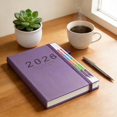 Imagem de Agenda e agenda 2026, calendário diário de 14,6 cm x 21 cm, com horários e abas de hora em hora (janeiro a dezembro), notas e despesas, capa de couro sintético macio, papel premium, roxo