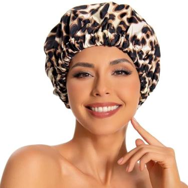 Imagem de Touca de banho reutilizável para mulheres, grande touca de banho à prova d'água lavável faixa elástica chapéu de cabelo para cabelo longo, tranças (estampa de leopardo)