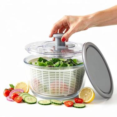 Imagem de Le'raze Girador de salada de vidro com tampa hermética – livre de BPA – Máquina de lavar alface fácil | Tigela de lavar frutas com coador | Limpador de vegetais | Vidro borossilicato de grande