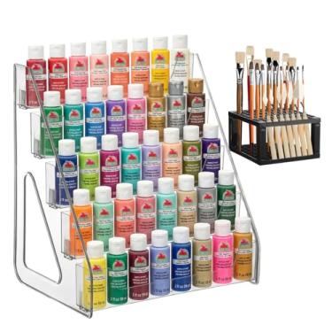 Imagem de YEXEXINM Organizador de tinta transparente elevada com suporte de pincel de tinta acrílica, suporte de armazenamento de 5 camadas para garrafas, suporte de pintura em miniatura, suporte organizador de
