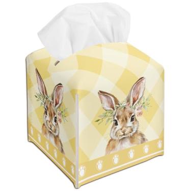 Imagem de Porta-lenços de papel de coelho da Páscoa - capa de caixa de lenços de couro xadrez amarelo organizador decorativo para banheiro, cozinha, quarto, carro, bancada, mesa de cabeceira - decoração de casa