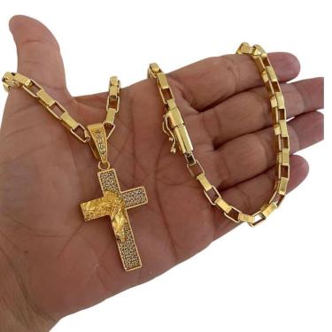 Imagem de Cordão 6Mm Tijolinho Curto + Pingente Cruz - Banhado A Ouro