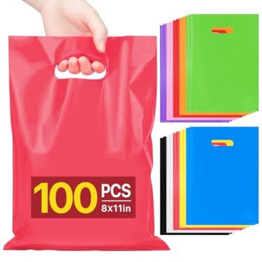 Imagem de ANZNKU 100 peças de sacolas multicoloridas para lembrancinhas de festa de 20 x 28 cm, bolsa de presente para artesanato, sacolas de presente de plástico com alças cortadas em matriz para aniversário