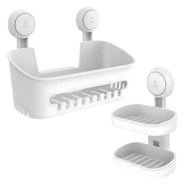 Imagem de Porta- Sabonete Prateleira de Chuveiro em Camadas Cesto com Sucção Instalação um Segundo Organizador Removível Suporta até 22lbs Objetos Banheiro Arma