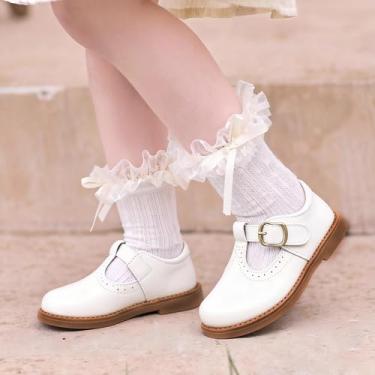 Imagem de Sapato social infantil feminino clássico uniforme escolar Oxfords Mary Jane Sapatilhas para meninas, Branco, 11 Toddler