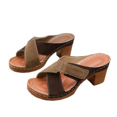 Imagem de Sandálias Baotou casuais femininas com meio chinelo grosso design de salto plataforma calçado confortável para atividades de lazer, Caqui, 38