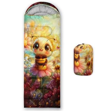 Imagem de AILONEN Saco de dormir Kawaii Bee para 3 estações, para clima quente e frio, leve, impermeável, desenho animado fofo floral abelha, saco de dormir para crianças, meninos, meninas, viagens, atividades