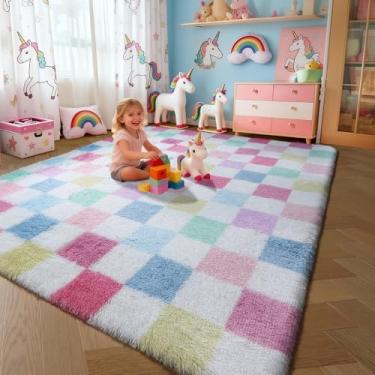 Imagem de KICMOR Tapetes xadrez arco-íris 15 x 23 cm para sala de estar, grande, colorido, macio, felpudo felpudo para quarto, lindo tapete de pelúcia interno para crianças, meninas, meninos, berçário