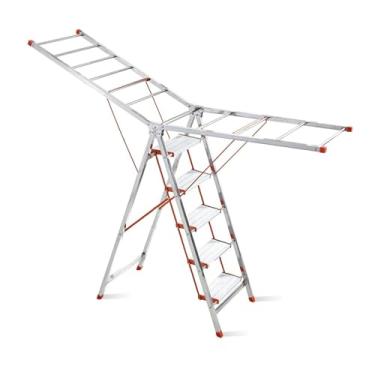 Imagem de Escada de ar de lavanderia multifuncional engrossada duplo uso de aço inoxidável para varanda Airer dobrável para ambientes internos e externos (cor: Escada de 5 degraus)