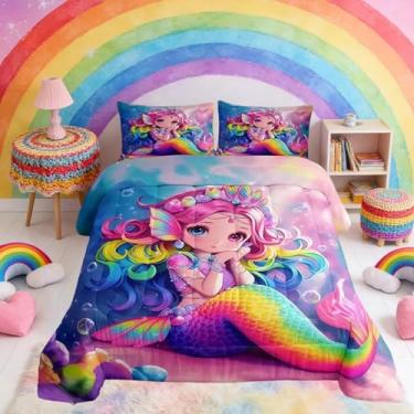 Imagem de Feelyou Conjunto de cama de sereia macio para meninos e meninas, vida oceânica, animais marinhos, solteiro, decoração de princesa, edredom de microfibra, escamas de peixe, decoração de quarto, 2 peças