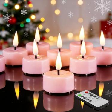 Imagem de Eywamage Caneleiras de cera rosa sem chamas com baterias remotas, velas votivas de chá de LED cintilantes, decoração de casa de férias, conjunto de 10