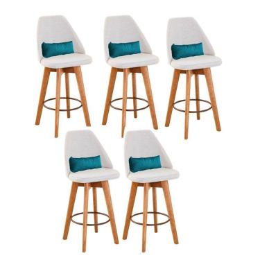 Imagem de Kit 05 Banquetas Alta Maya Giratória Com Encosto Linho Bege Claro e Almofada Corino Azul Turquesa - Aurora Line