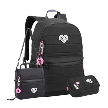 Imagem de Kit Mochila Costas Color Up Juvenil Lancheira Com Estojo Box Cor:Preto